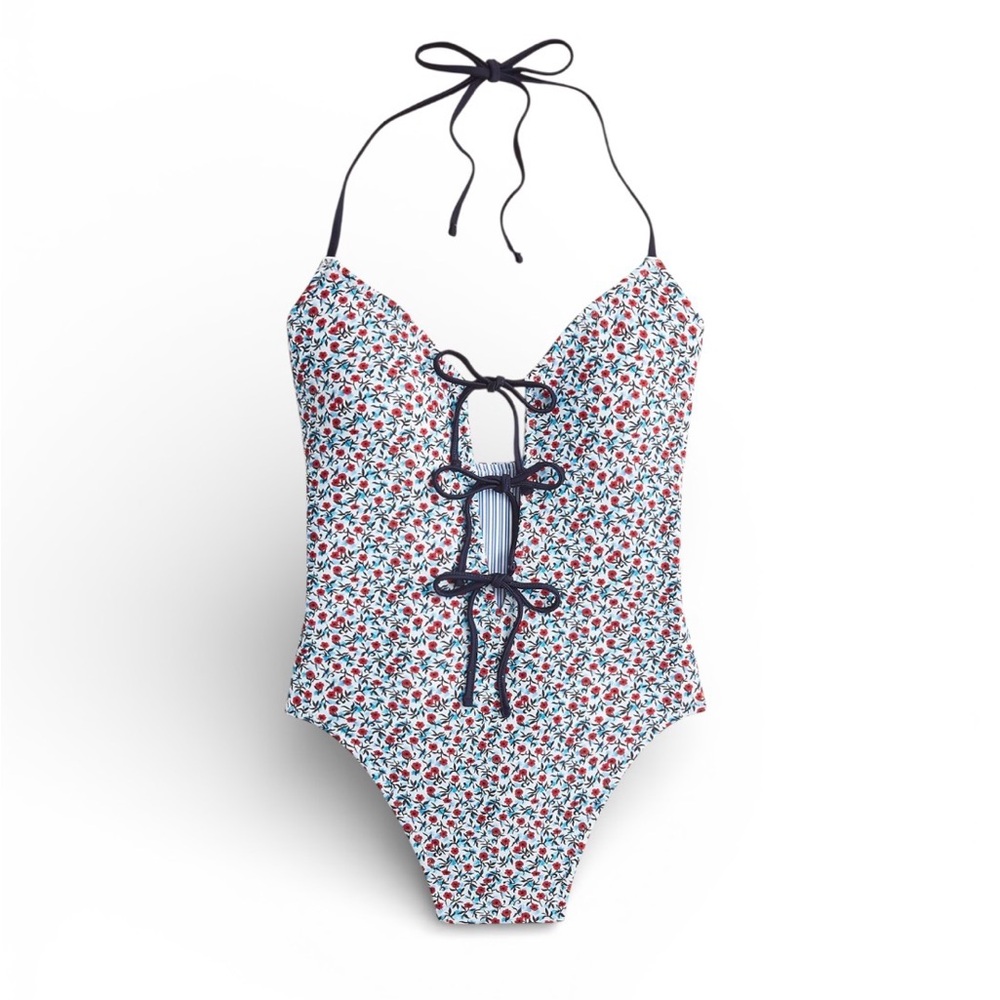 NWT J Crew Tie-front halter one-piece Swimsuit Women’s 22 Floral Blue Red White
